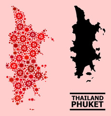 Obraz premium Vector covid-2019 mosaic map of Phuket created for doctor applications. Red mosaic map of Phuket is constructed of biohazard covid-2019 pathogen parts.
