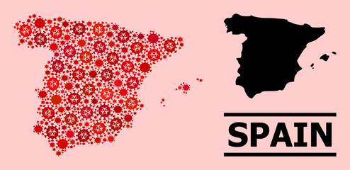 Vector covid-2019 collage map of Spain created for doctor applications. Red mosaic map of Spain is created with biological hazard covid-2019 viral elements.
