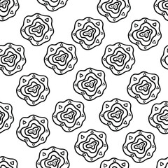 Hand drawn abstract seamless floral pattern with geometrical shapes, lines, dots. Black forms on white background. Vector illustration.