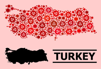 Vector covid-2019 mosaic map of Turkey combined for clinic illustrations. Red mosaic map of Turkey is made of biological hazard covid-2019 viral elements.