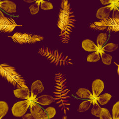 Vintage Seamless Art. Beige Pattern Background. Violet Tropical Botanical. Yellow Flower Nature. Autumn Drawing Background. Purple Watercolor Nature. Spring Design.