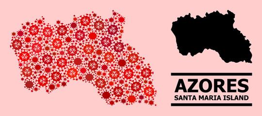 Obraz premium Vector covid-2019 mosaic map of Santa Maria Island done for clinic projects. Red mosaic map of Santa Maria Island is organized from biological hazard covid-2019 pathogen icons.