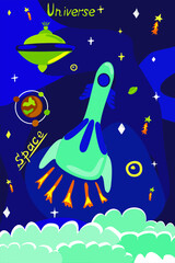 space theme rocket in the sky with stars and spaceship