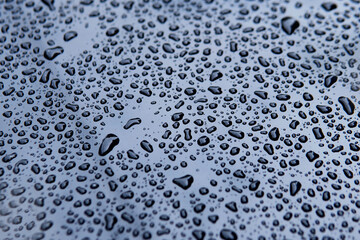 raindrop water droplets after raining fall on Front blue silver car bonnet texture background
