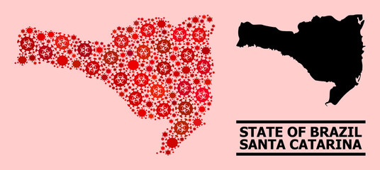 Vector covid-2019 mosaic map of Santa Catarina State created for medicare posters. Red mosaic map of Santa Catarina State is constructed from biohazard covid-2019 viral items.