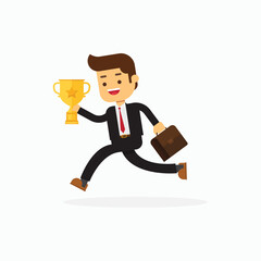 business man holding a briefcase and trophy