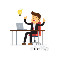 businessman working at his desk and creating a lot of idea bulbs