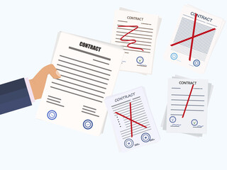 The crossed out, wrong contract. The concept of choice, termination, refusal of the expired  contract, vector illustration.Conclusion of a new, valid deal.Businessman hand holds a commercial agreement
