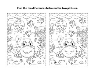 Find ten differences underwater visual puzzle and coloring page. Crab, sea life, black and white, suitable both for kids and adults.