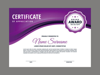 Abstract Smooth Certificate with Purple Wave Element Design, Professional, Modern, Elegant Certificate with Purple Flow Mesh Gradient Background Template Vector