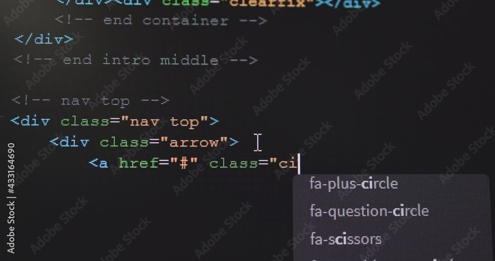 Leinwandbilder 4K Close up shot HTML tag code on PC Monitor scroll down. Background concept for programming and coding web development.