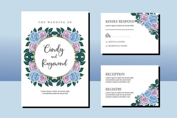 Wedding invitation frame set, floral watercolor hand drawn Blue Rose Flower design Invitation Card Template