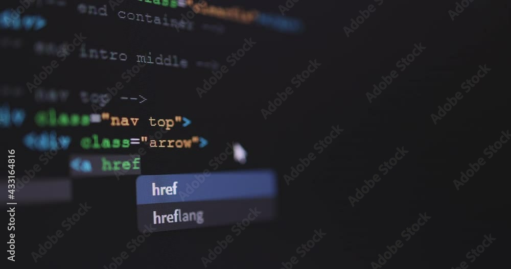 Aufkleber 4K Close up shot HTML tag code on PC Monitor scroll down. Background concept for programming and coding web development.