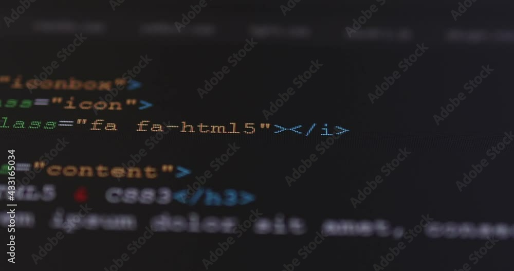 Aufkleber 4K Close up shot HTML tag code on PC Monitor scroll down. Background concept for programming and coding web development.