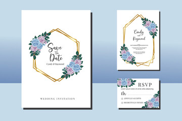 Wedding invitation frame set, floral watercolor hand drawn Blue Rose Flower design Invitation Card Template