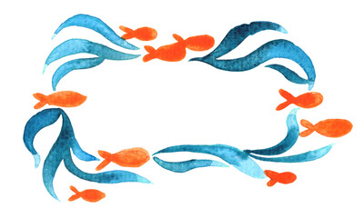 Orange fish and seaweed recrangle wreath watercolor hand painting for decoration on summer holiday and coastal living concept.