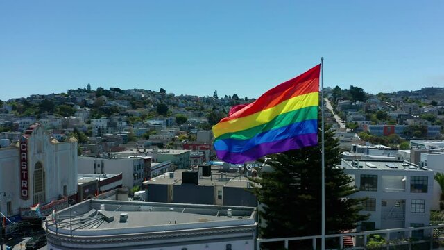 Flying counter clockwise around gay pride flag in The Castro neighborhood of San Francisco