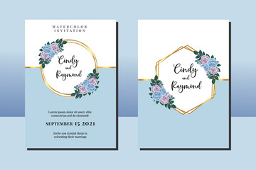 Wedding invitation frame set, floral watercolor hand drawn Blue Rose Flower design Invitation Card Template