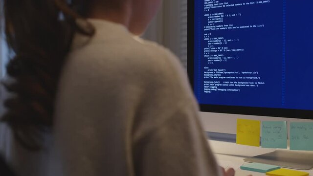 Back view young asia female people analyst coder code language multiple screen cloud online computing ai deep tech work at home office late night reskill upskill, future agile cyber ux web design job.