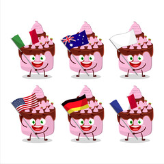 Sweety cake strawberry cartoon character bring the flags of various countries