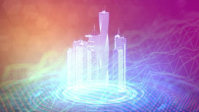 poligonal city buildings rotates, cg industrial 3D animation