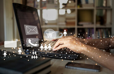 Hand of people using laptop with working remote and network communication at home