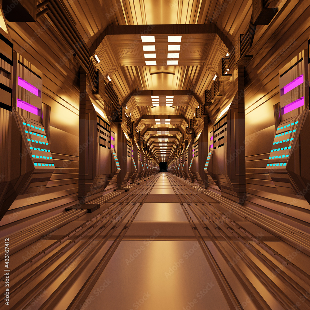 Poster futuristic sci-fi tunnel walkway with beautiful reflective abstract 3d rendering