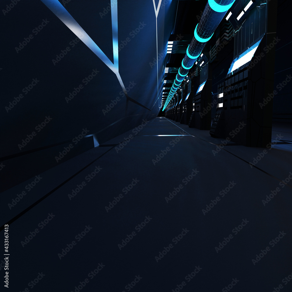 Poster futuristic sci-fi tunnel walkway with beautiful reflective abstract 3d rendering