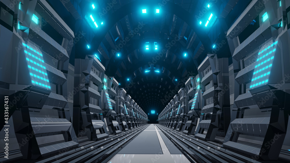 Poster futuristic sci-fi tunnel walkway with beautiful reflective abstract 3d rendering