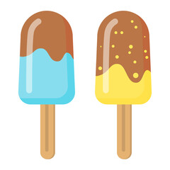 Ice cream with chocolate. Ice lolly. A set of two desserts in blue and yellow colors. Vector illustration isolated on white background. 