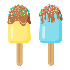 Ice cream with chocolate. Ice lolly. A set of two desserts in blue and yellow colors. Vector illustration isolated on white background. 