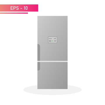 A modern grey refrigerator with a display, vertical side handle and two cameras. Realistic design. On a white background. Household appliances for the home. Flat vector illustration.
