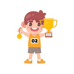 Happy cute kids holding gold medal and trophy illustration Premium Vector
