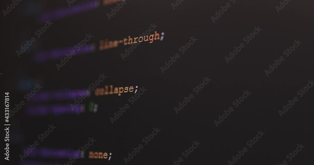 Aufkleber 4K Close up shot CSS tag code on PC Monitor scroll down. Background concept for programming and coding web development.