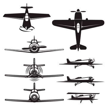 Set of airplane icons. Retro airplanes. Design element for logo, label, sign, emblem. Vector illustration