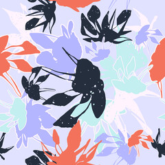 Colorful seamless pattern, background, header, collage with different flowers, shapes and textures. Vector illustration. Trendy colors