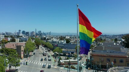 Flying clockwise around gay pride flag in The Castro neighborhood of San Francisco