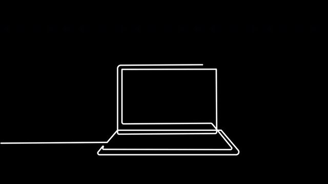 Self drawing animation of computer notebook outline. Minimalism line art. Copy space. Black background.