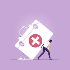 Health care costs or medical insurance concept, Businessman carrying big Medical box as Costly expensive pricey medical insurance