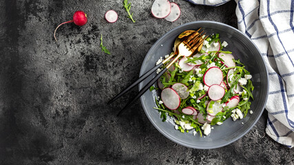 spring salad with red radish, arugula and cottage cheese. Long banner format, top view