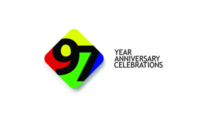 Billboard Style  97 year anniversary, minimalist logo years, jubilee 4 colors Black, red, yellow, green and purple, greeting card. invitation - Vector