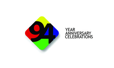 Billboard Style 94  year anniversary, minimalist logo years, jubilee 4 colors Black, red, yellow, green and purple, greeting card. invitation - Vector
