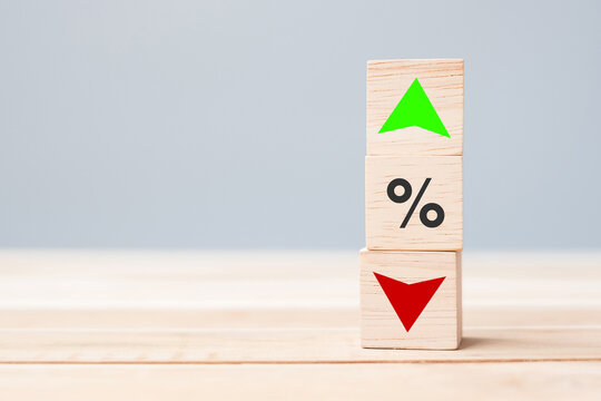 percentage to UP and Down arrow symbol icon on table. Interest rate, stocks, financial, ranking, mortgage rates and Cut loss concept