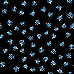 Line Wind turbines icon isolated seamless pattern on black background. Wind generator sign. Windmill silhouette. Windmills for electric power production. Vector