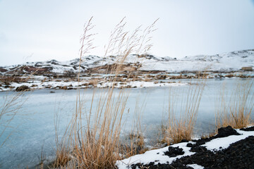 Lake by snow mountain