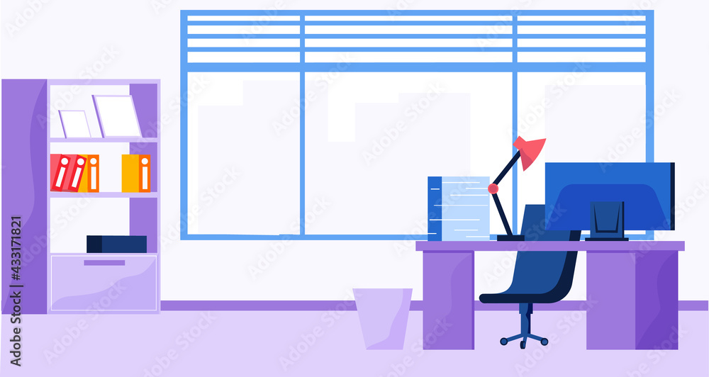 Poster office premises with large window on background. workplace of employee with monitor on table, comput