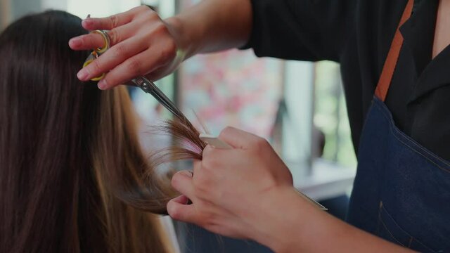 Super slow motion. Professional barber is using scissors to cut hair for young clients with long hair. Beauty salon, hair care and hairdresser concept.
