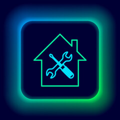 Glowing neon line House or home with screwdriver and wrench icon isolated on black background. Adjusting, service, setting, maintenance, repair, fixing. Colorful outline concept. Vector
