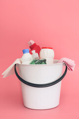 Set of cleaning supplies on color background