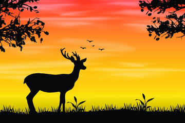silhouette of a deer, deer in the sunset forest background.
